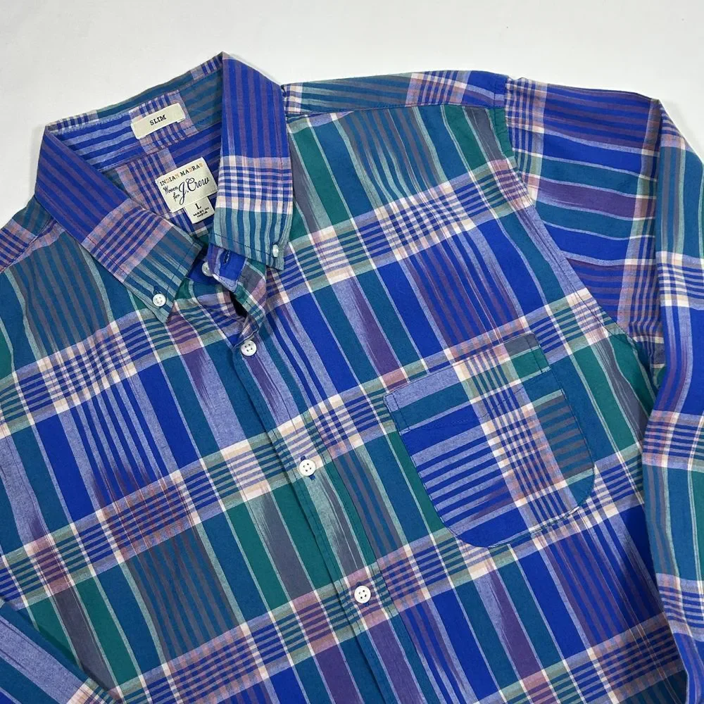 J.Crew Indian Madras Button-Down Plaid Shirt Blue Green Check Long Sleeve Mens L